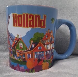 Holland Coffee Mug Red Blue Neighborhood Windmill Bike Birds